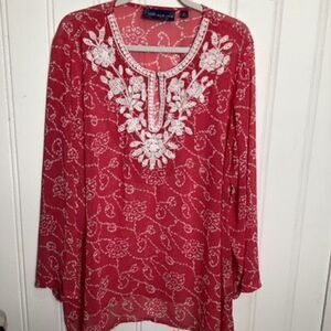 Susan Graver Style Women’s Embroidered Top Tunic Sz 2X Flowy Red